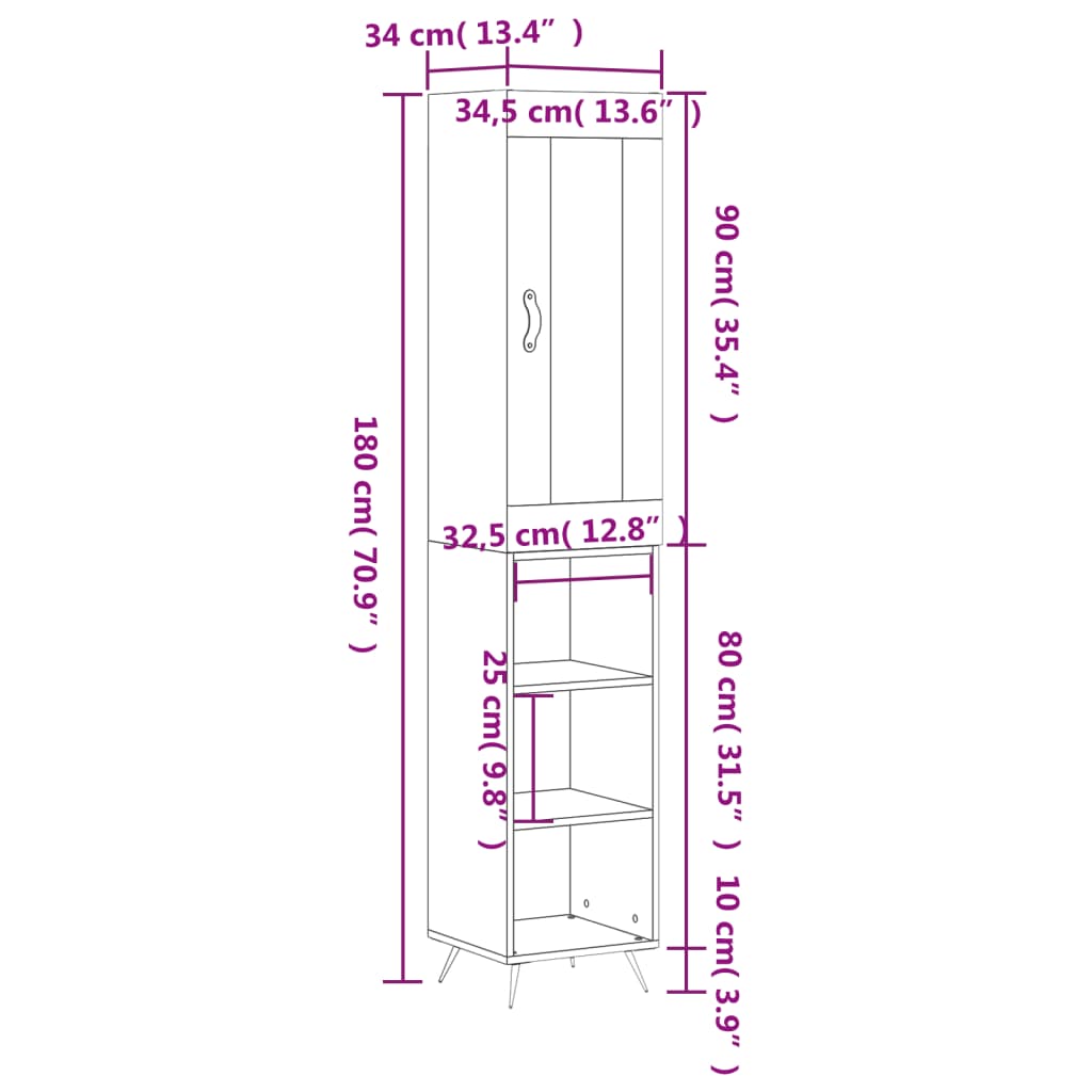 vidaXL Buffet haut Gris béton 34,5x34x180 cm Bois d'ingénierie