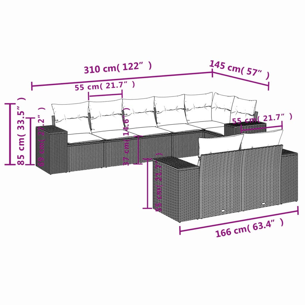 vidaXL Salon de jardin 8 pcs avec coussins gris clair résine tressée