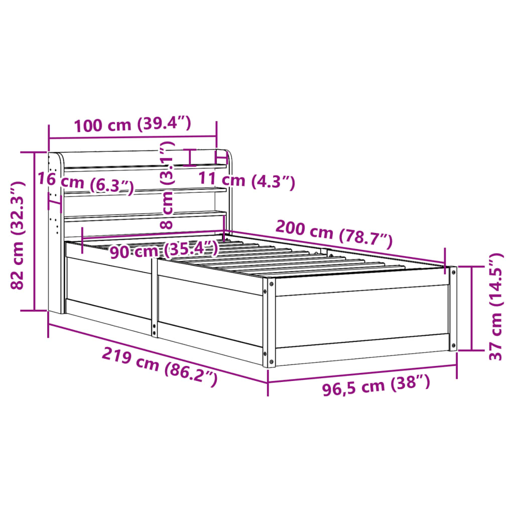 vidaXL Cadre de lit avec tête de lit blanc 90x200cm bois de pin massif