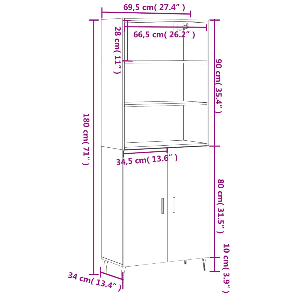 vidaXL Buffet haut Chêne fumé 69,5x34x180 cm Bois d'ingénierie