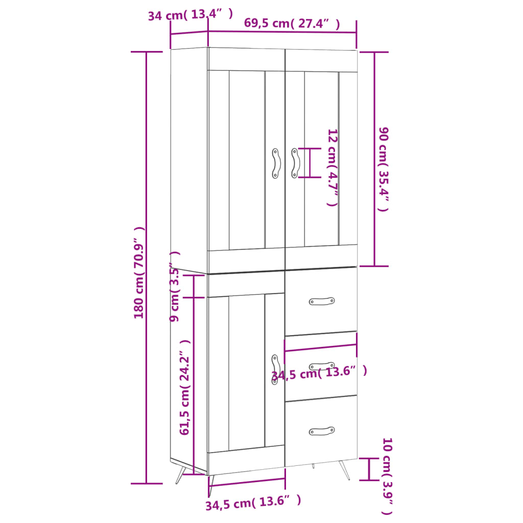 vidaXL Buffet haut Chêne marron 69,5x34x180 cm Bois d'ingénierie