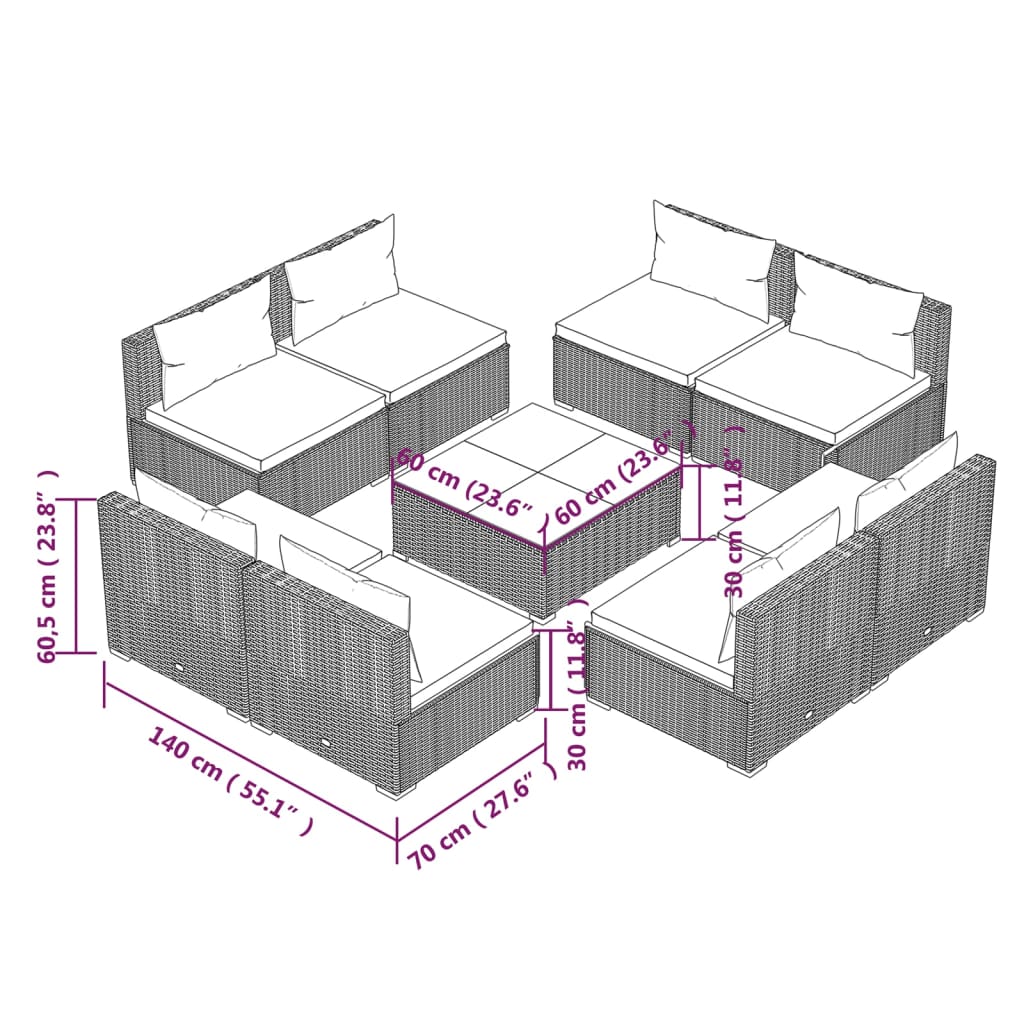 vidaXL Salon de jardin 9 pcs avec coussins Résine tressée Gris