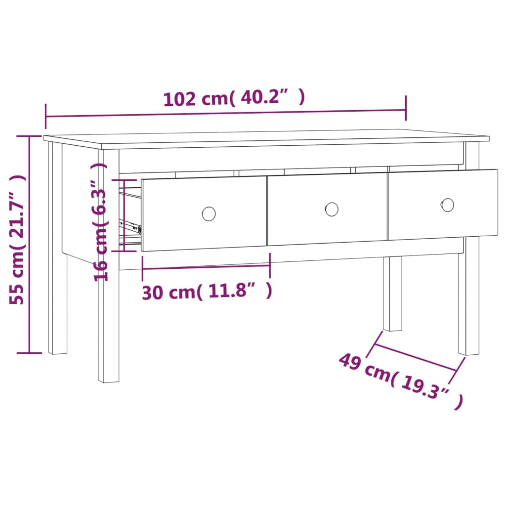 vidaXL Table basse Marron miel 102x49x55 cm Bois massif de pin