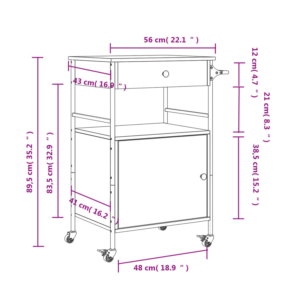 vidaXL Chariot de cuisine chêne sonoma 56x43x89,5 cm bois d'ingénierie