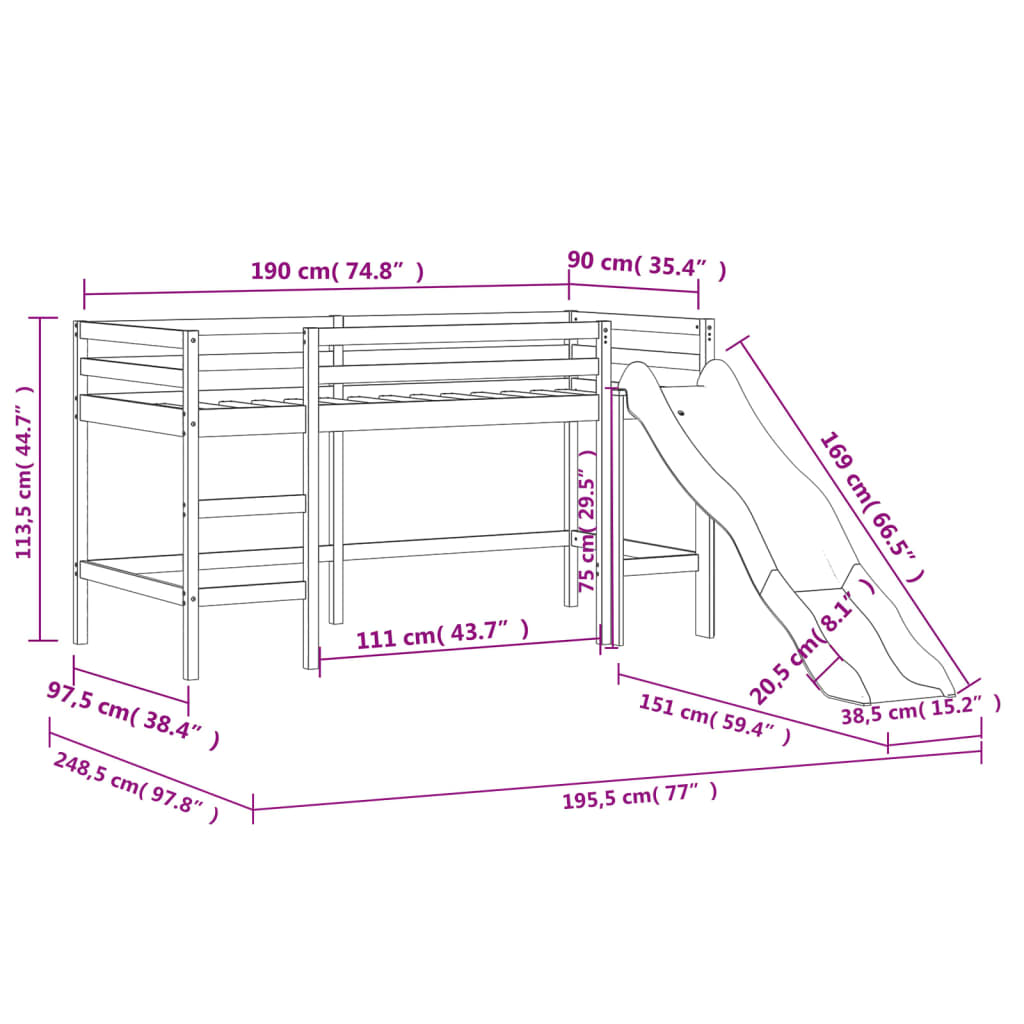 vidaXL Lit mezzanine enfants et rideaux bleu 90x190cm bois pin massif