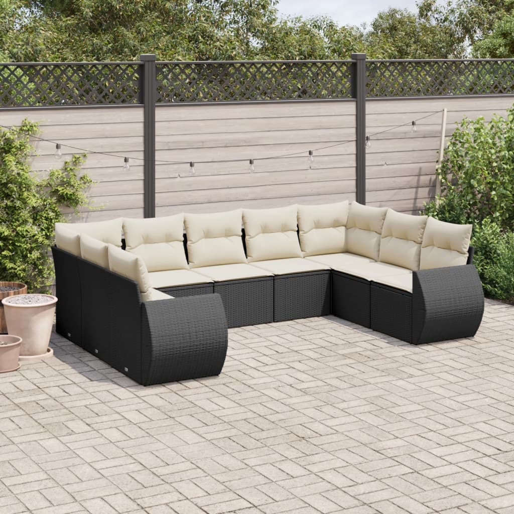 vidaXL Salon de jardin 9 pcs avec coussins noir résine tressée