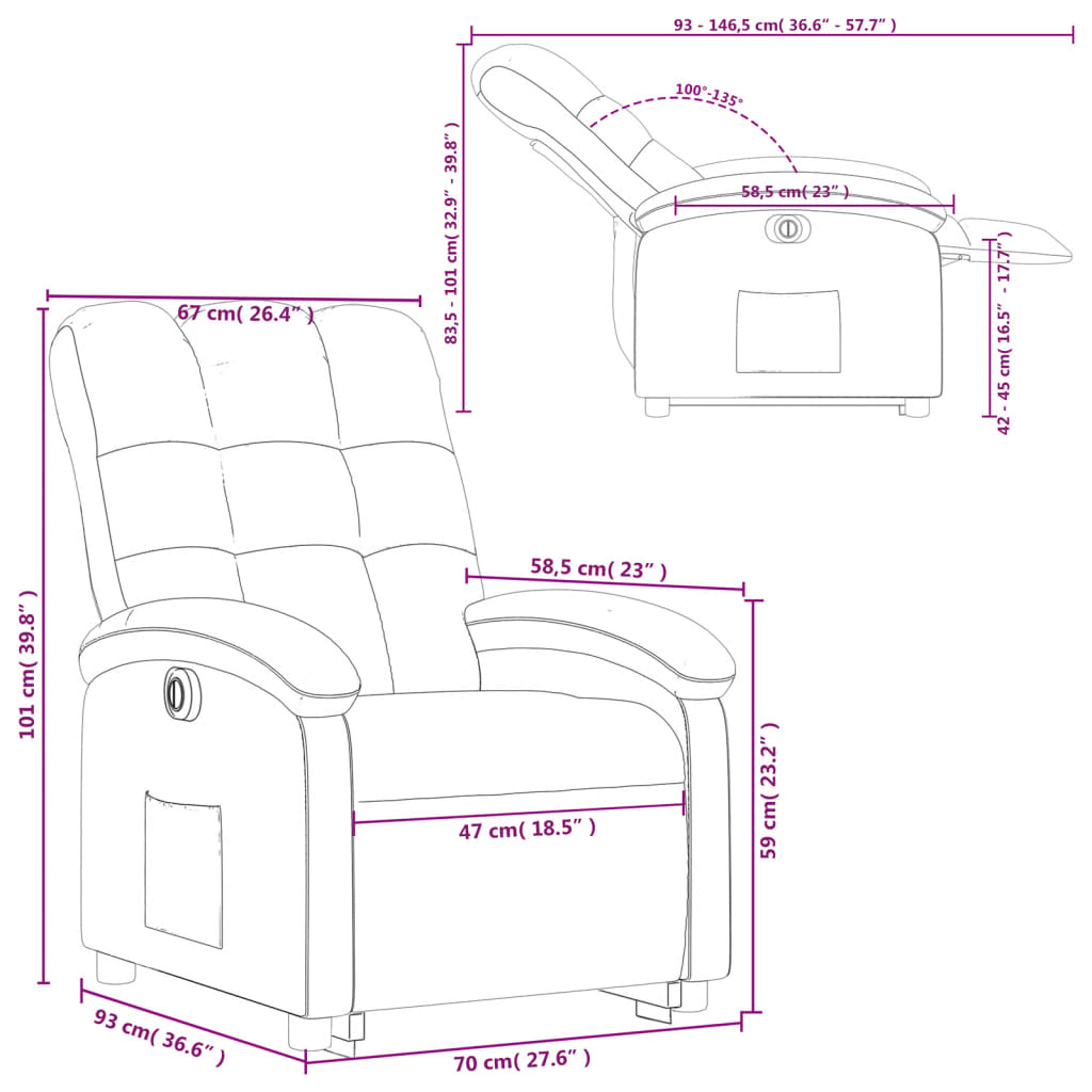 vidaXL Fauteuil inclinable électrique rouge bordeaux tissu