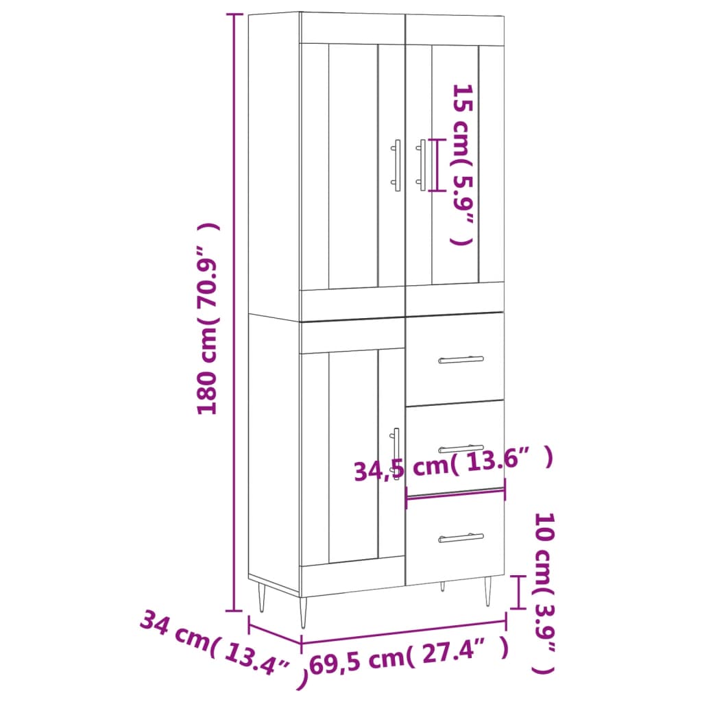 vidaXL Buffet haut Blanc 69,5x34x180 cm Bois d'ingénierie