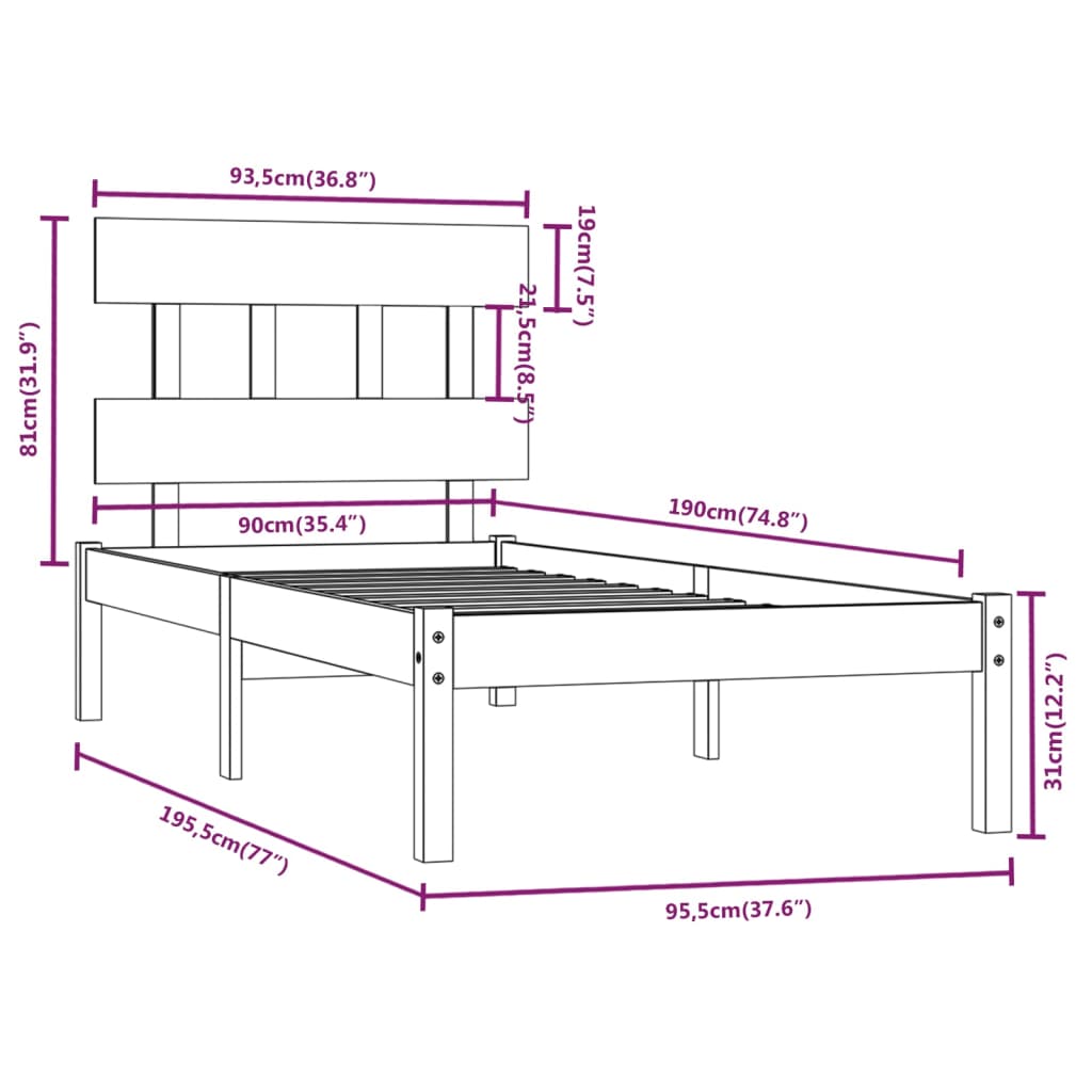 vidaXL Cadre de lit Noir Bois massif 90x190 cm Simple