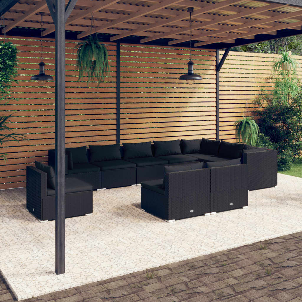 vidaXL Salon de jardin 10 pcs avec coussins Résine tressée Noir