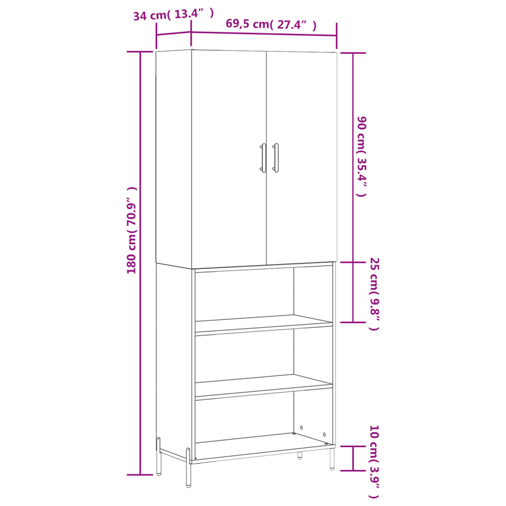 vidaXL Buffet haut Sonoma gris 69,5x34x180 cm Bois d'ingénierie