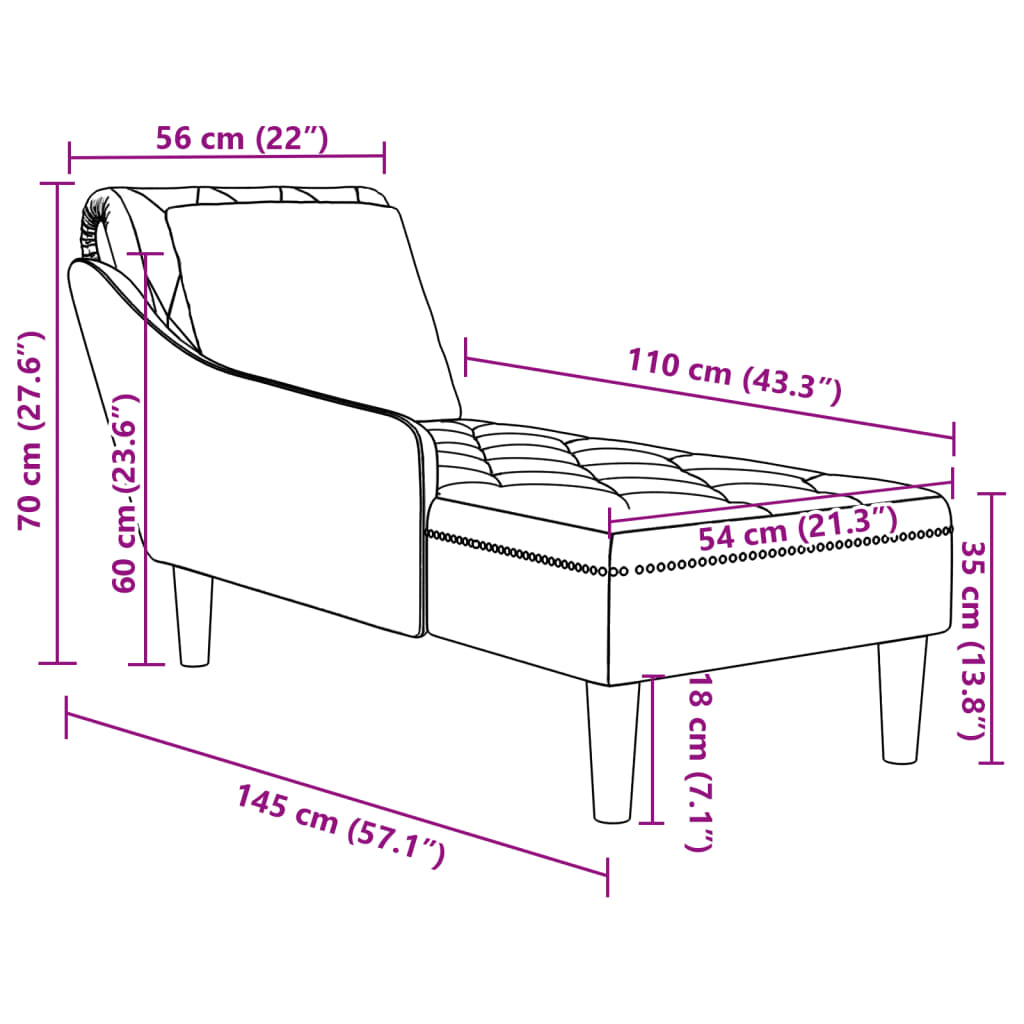 vidaXL Fauteuil long et coussin et accoudoir droit gris foncé velours