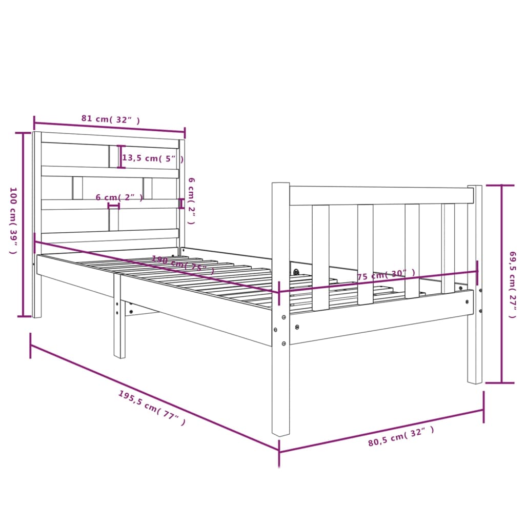 vidaXL Cadre de lit bois de pin massif 75x190 cm petit simple