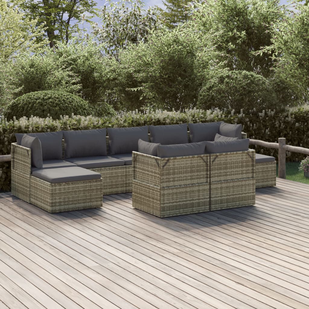 vidaXL Salon de jardin 9 pcs avec coussins Gris Résine tressée