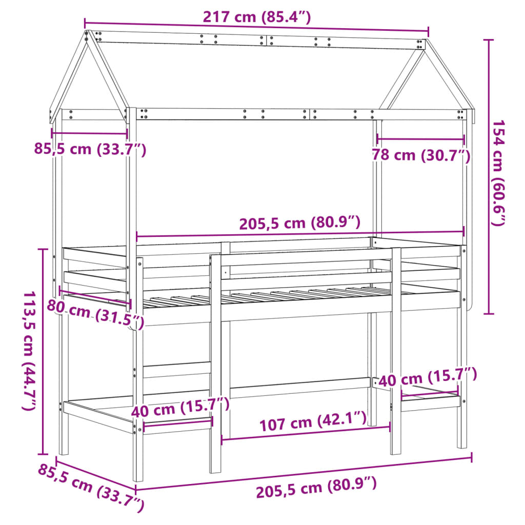 vidaXL Lit superposé et échelle et toit blanc 80x200cm bois pin massif