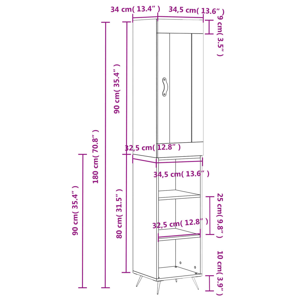 vidaXL Buffet haut Noir 34,5x34x180 cm Bois d'ingénierie