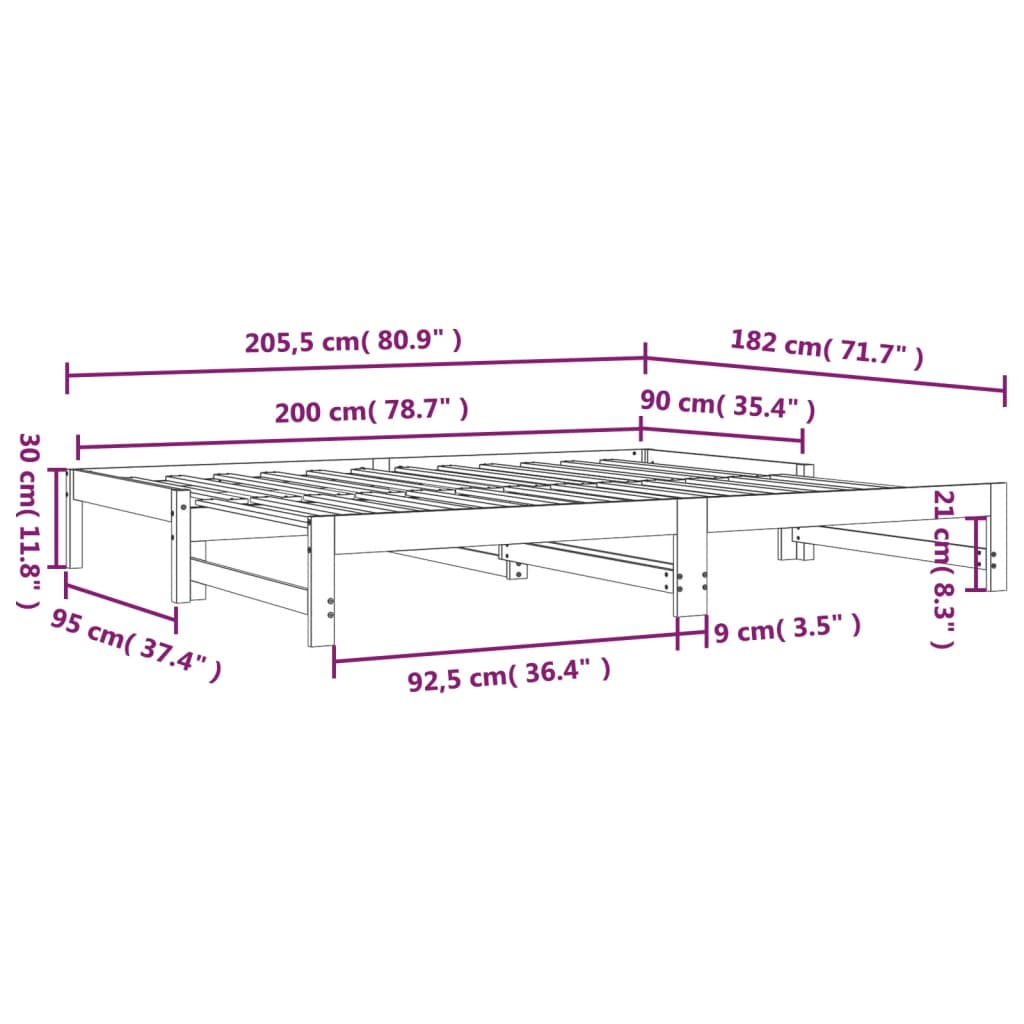 vidaXL Lit coulissant Noir 2x(90x200) cm Bois de pin massif