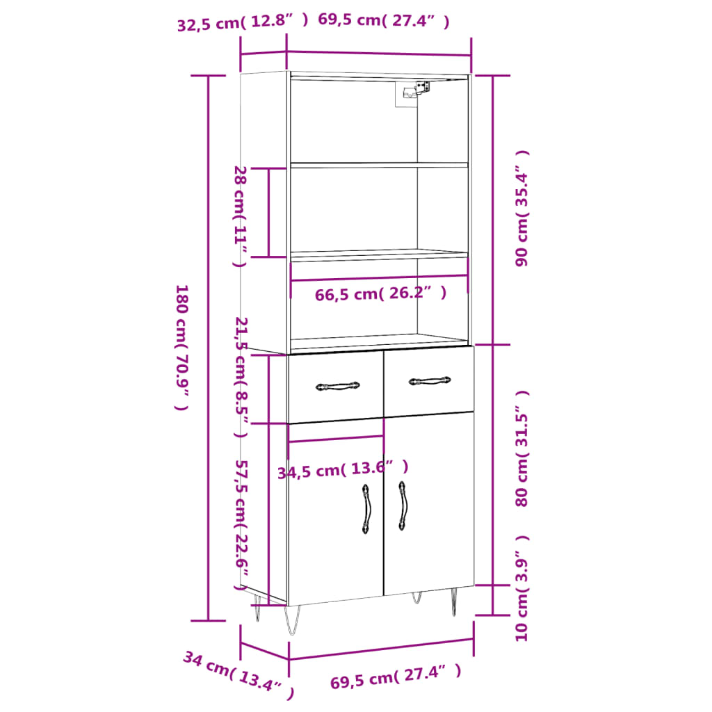 vidaXL Buffet haut Gris béton 69,5x34x180 cm Bois d'ingénierie