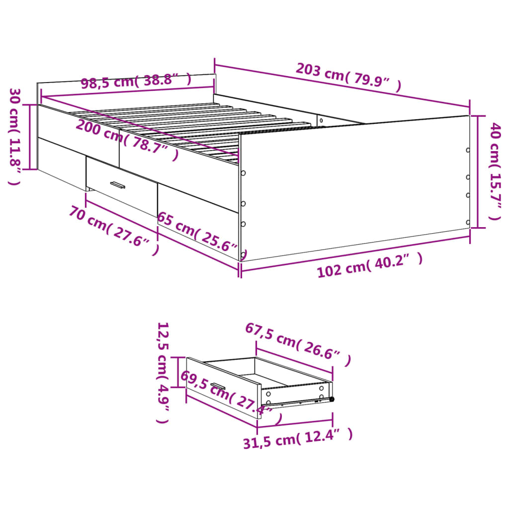 vidaXL Cadre de lit avec tiroirs sans matelas sonoma gris 100x200 cm