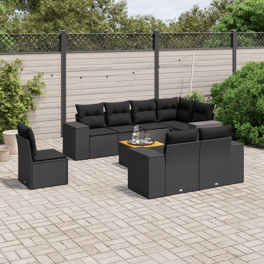 vidaXL Salon de jardin 9 pcs avec coussins noir résine tressée