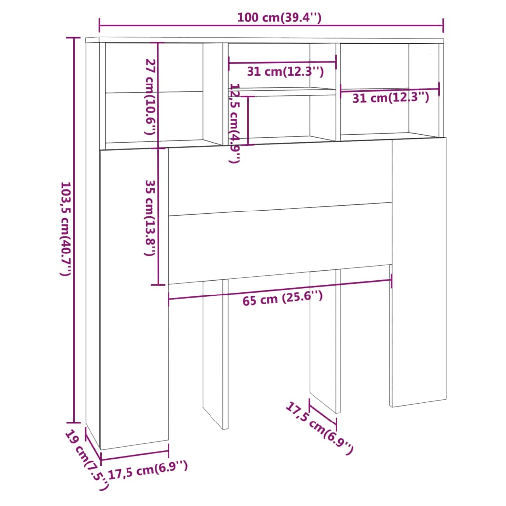 vidaXL Armoire de tête de lit Noir 100x19x103,5 cm