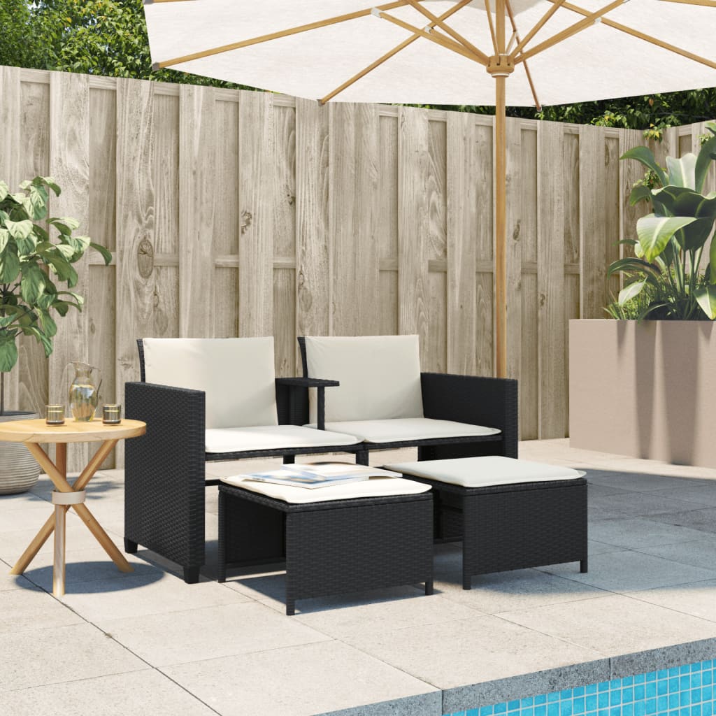 vidaXL Canapé de jardin 2 places avec table et tabourets noir rotin