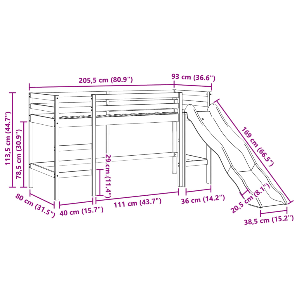 vidaXL Lit mezzanine enfants et rideaux bleu 80x200cm bois pin massif