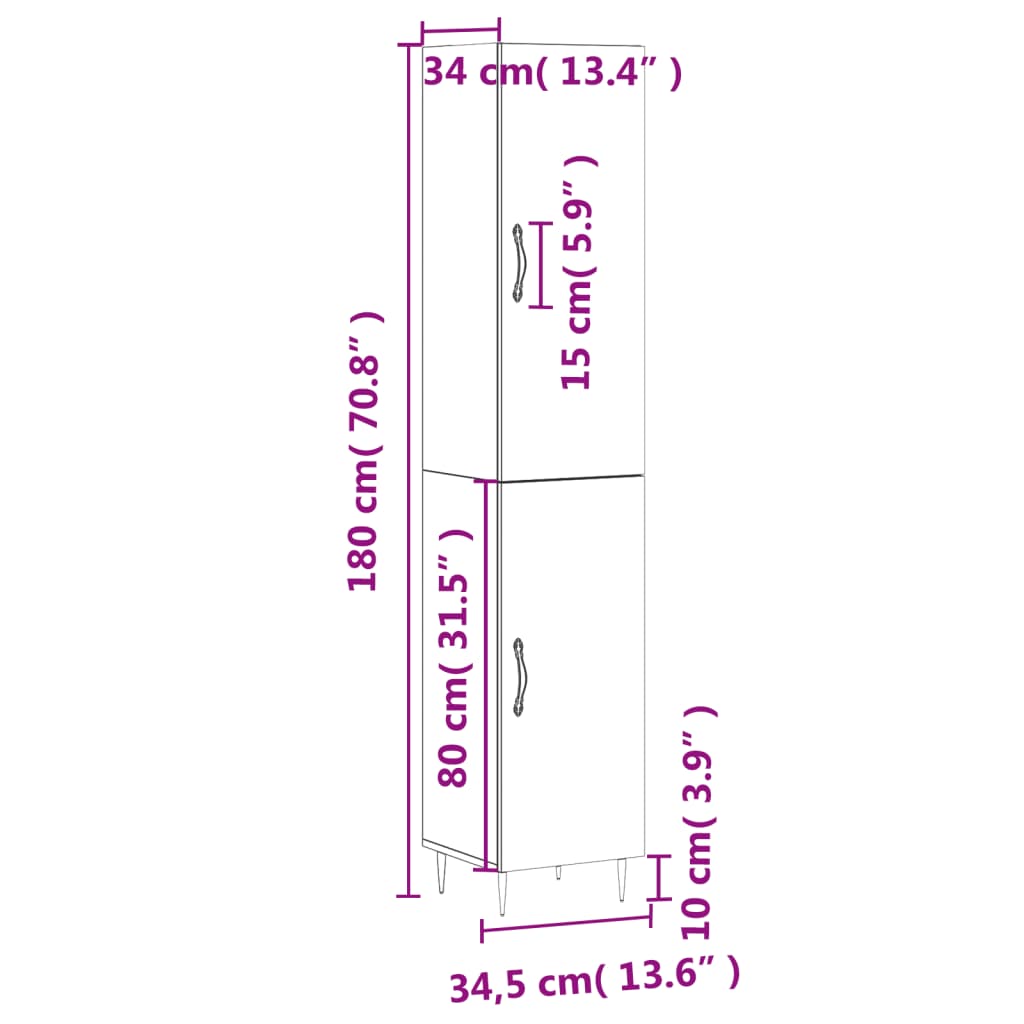 vidaXL Buffet haut Sonoma gris 34,5x34x180 cm Bois d'ingénierie