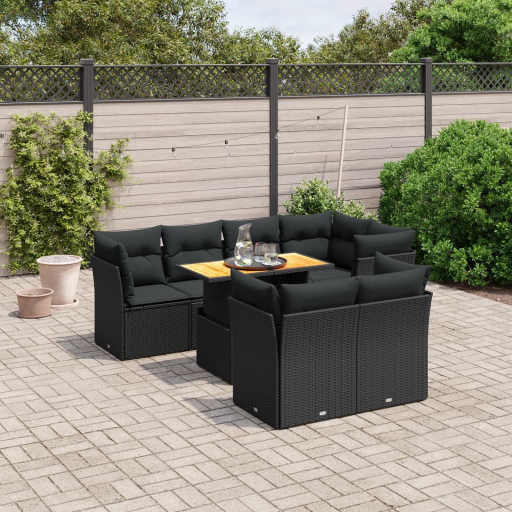 vidaXL Salon de jardin 8 pcs avec coussins noir résine tressée