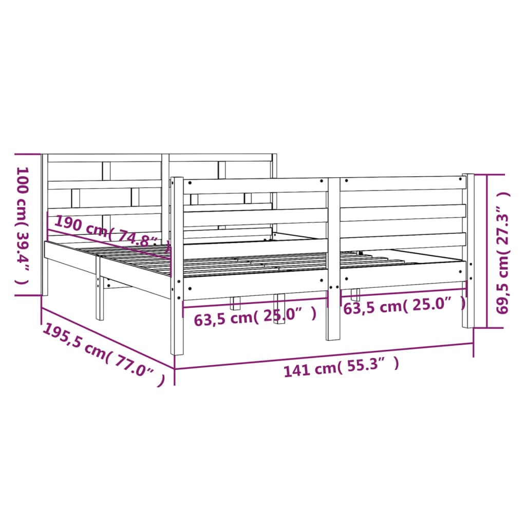 vidaXL Cadre de lit Blanc 135x190 cm Double Bois massif