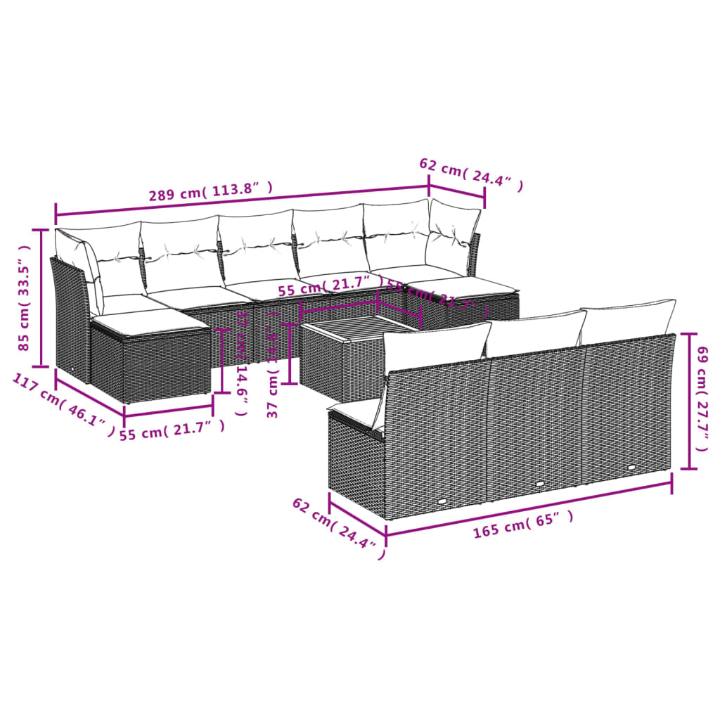 vidaXL Salon de jardin 11 pcs avec coussins gris résine tressée