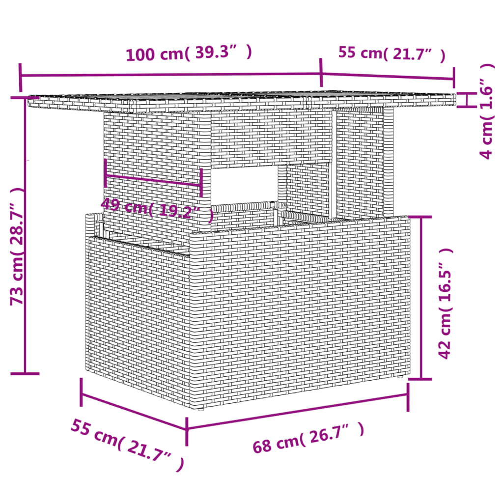 vidaXL Table de jardin dessus en verre gris 100x55x73cm résine tressée