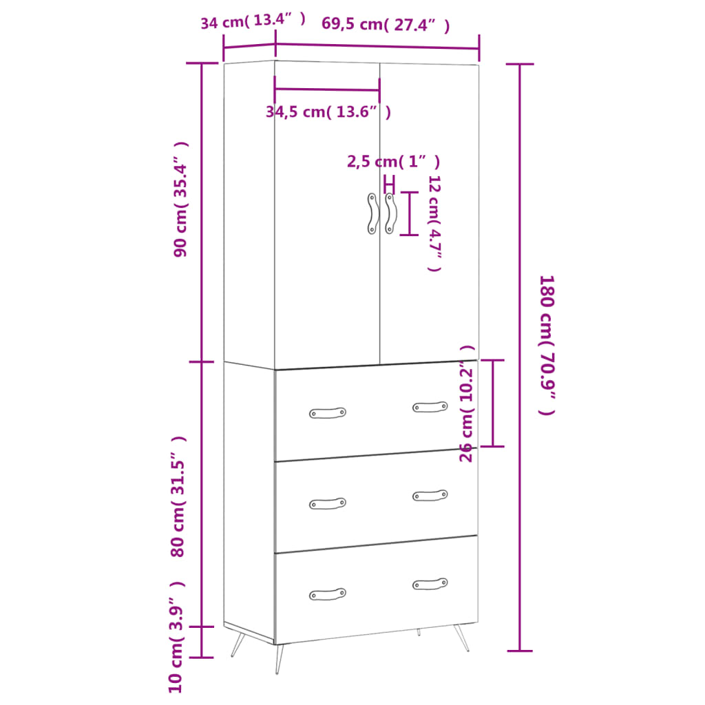 vidaXL Buffet haut Blanc brillant 69,5x34x180 cm Bois d'ingénierie