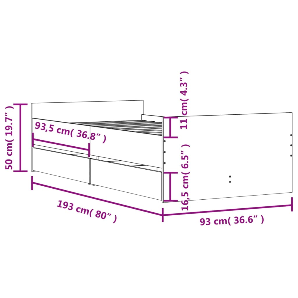 vidaXL Cadre de lit avec tiroirs sans matelas chêne marron 90x190 cm