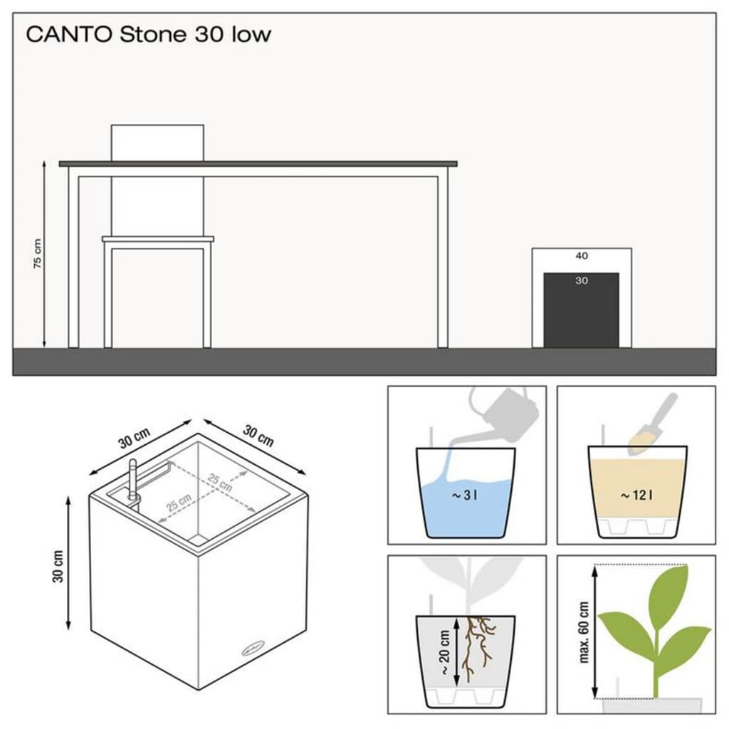 LECHUZA Jardinière CANTO Stone 30 Low ALL-IN-ONE Gris pierre