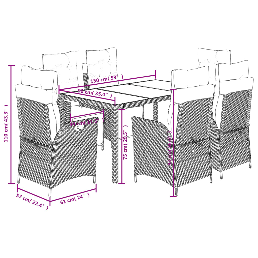 vidaXL Ensemble à manger de jardin coussins 7pcs Noir Résine tressée