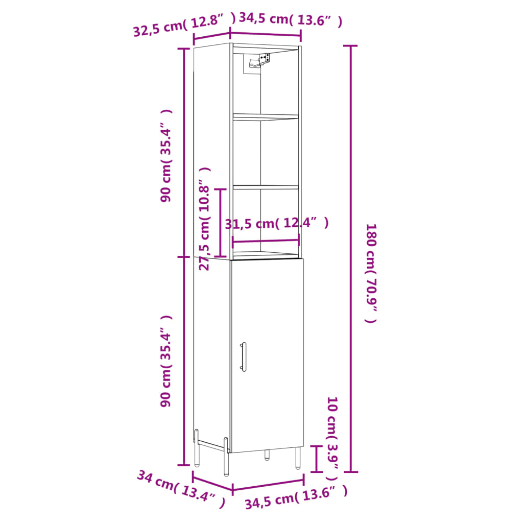 vidaXL Buffet haut Blanc brillant 34,5x34x180 cm Bois d'ingénierie