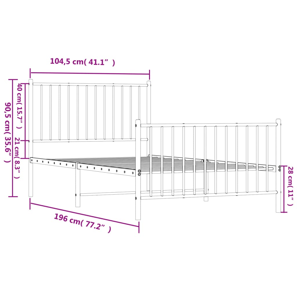 vidaXL Cadre de lit métal sans matelas et pied de lit blanc 100x190 cm