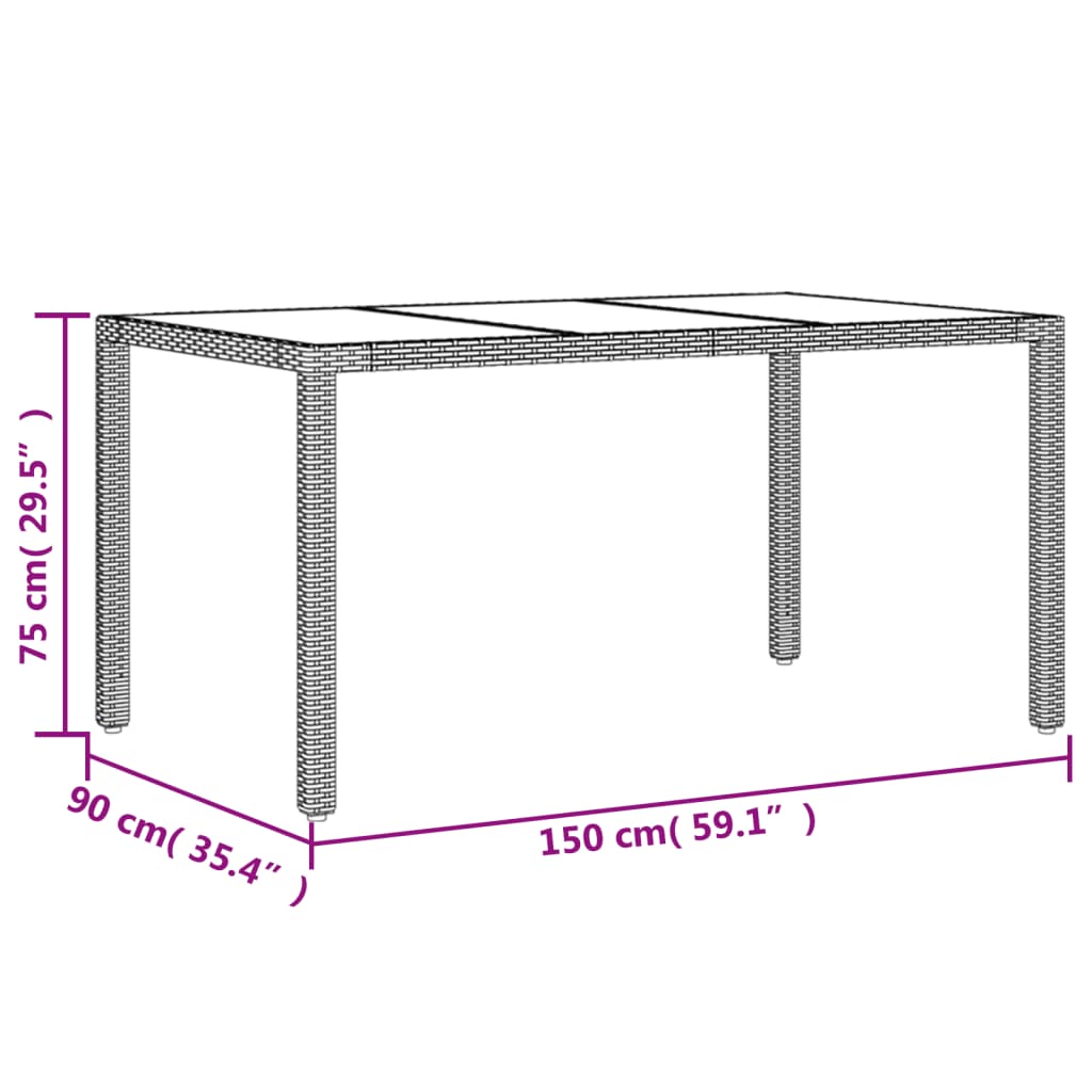 vidaXL Table de jardin dessus en verre Gris 150x90x75cm Résine tressée