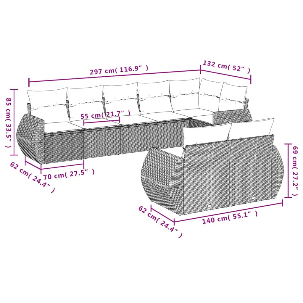 vidaXL Salon de jardin 8 pcs avec coussins gris résine tressée