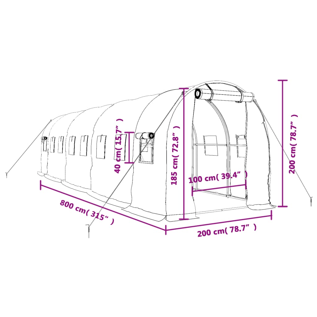 vidaXL Serre avec cadre en acier blanc 16 m² 8x2x2 m