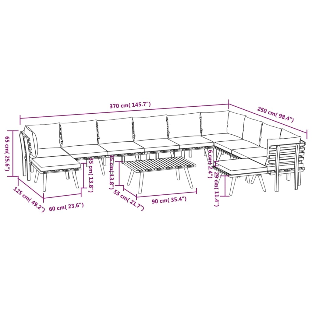 vidaXL Salon de jardin 12 pcs avec coussins Bois d'acacia solide