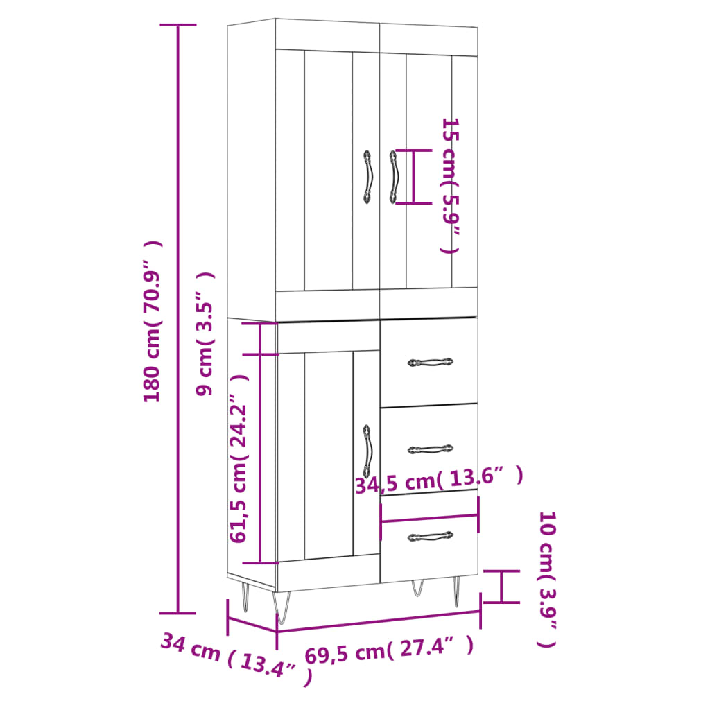 vidaXL Buffet haut Chêne fumé 69,5x34x180 cm Bois d'ingénierie