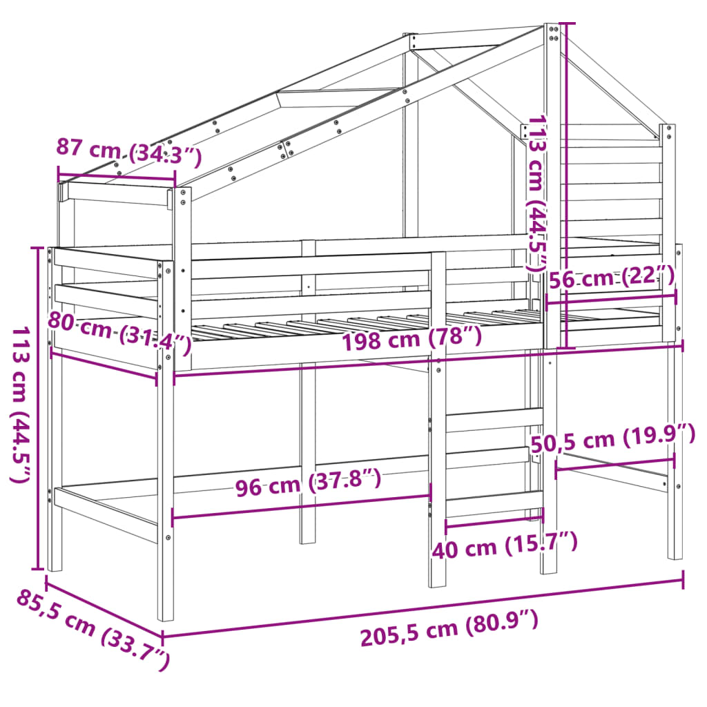 vidaXL Lit superposé et échelle et toit 80x200 cm bois de pin massif