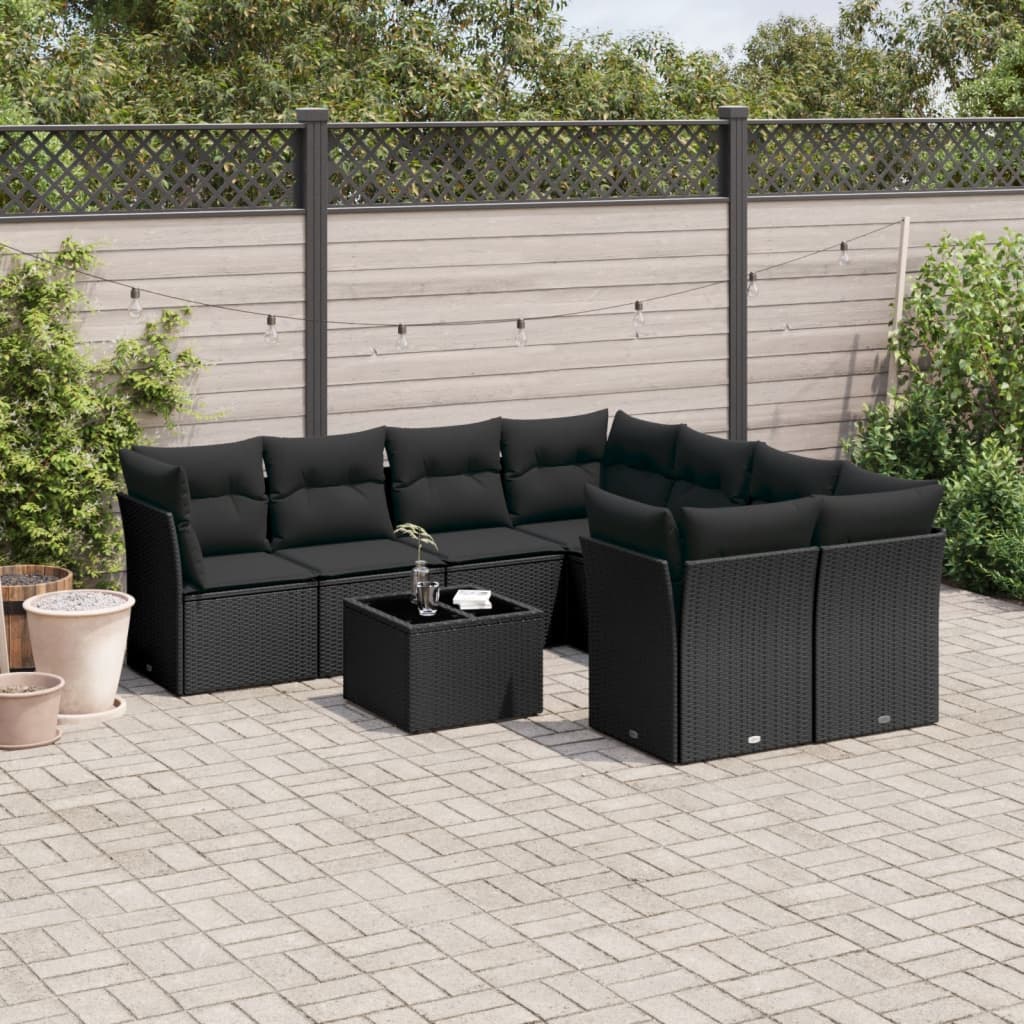 vidaXL Salon de jardin 9 pcs avec coussins noir résine tressée