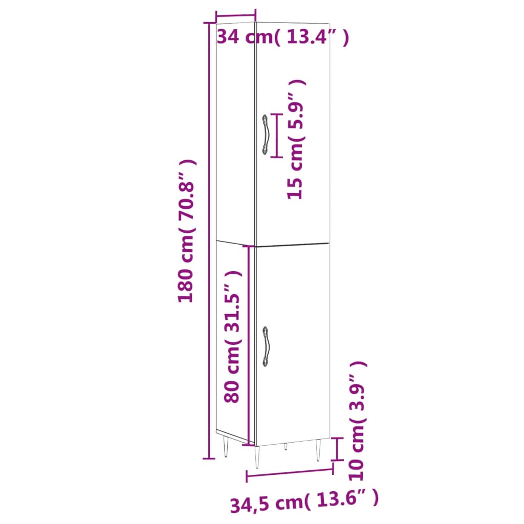 vidaXL Buffet haut Chêne marron 34,5x34x180 cm Bois d'ingénierie