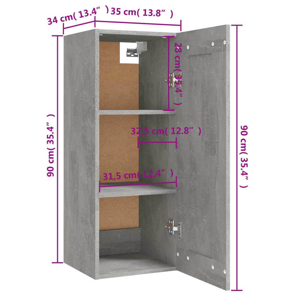 vidaXL Armoire suspendue Gris béton 35x34x90 cm Bois d'ingénierie