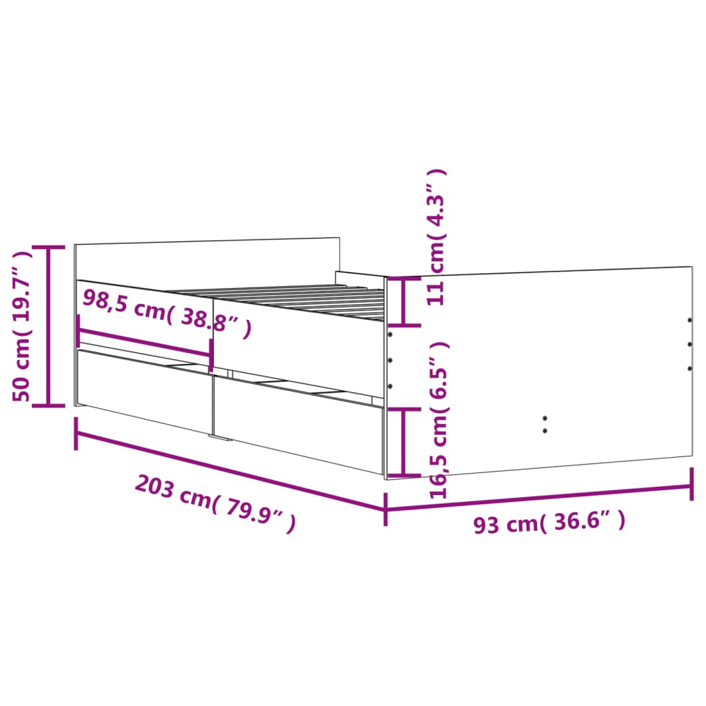 vidaXL Cadre de lit avec tiroirs sans matelas chêne sonoma 90x200 cm