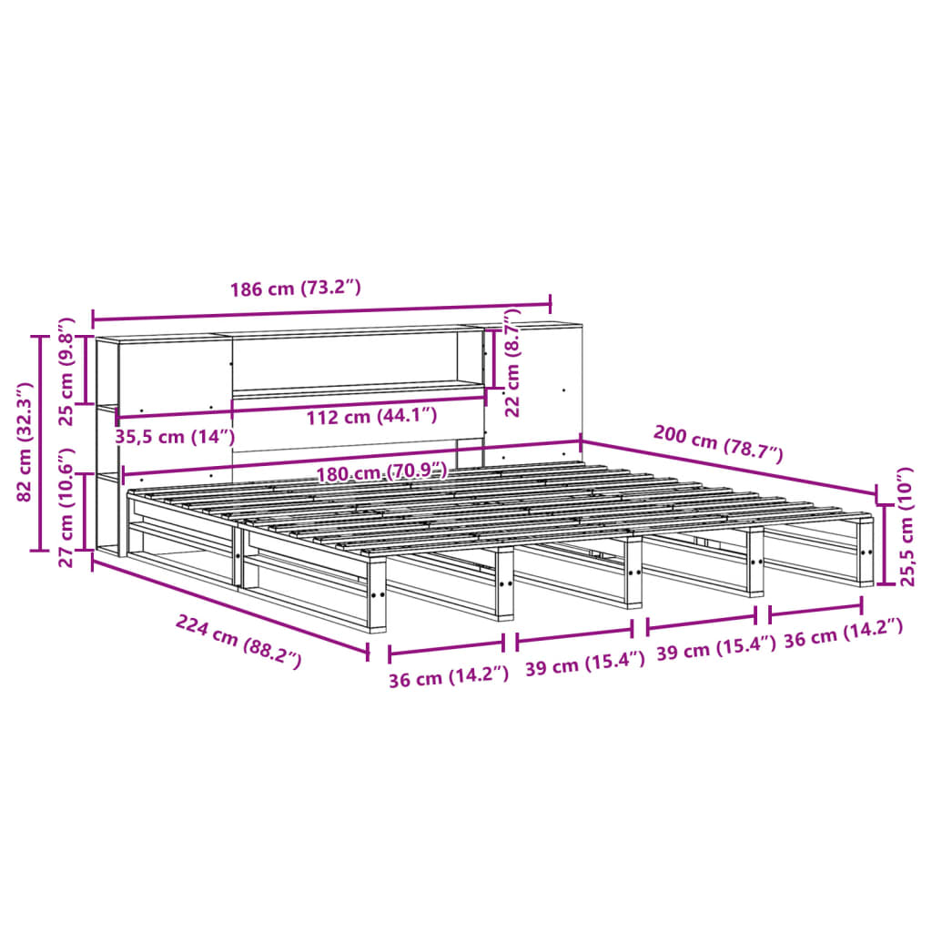 vidaXL Lit bibliothèque sans matelas blanc 180x200 cm bois massif