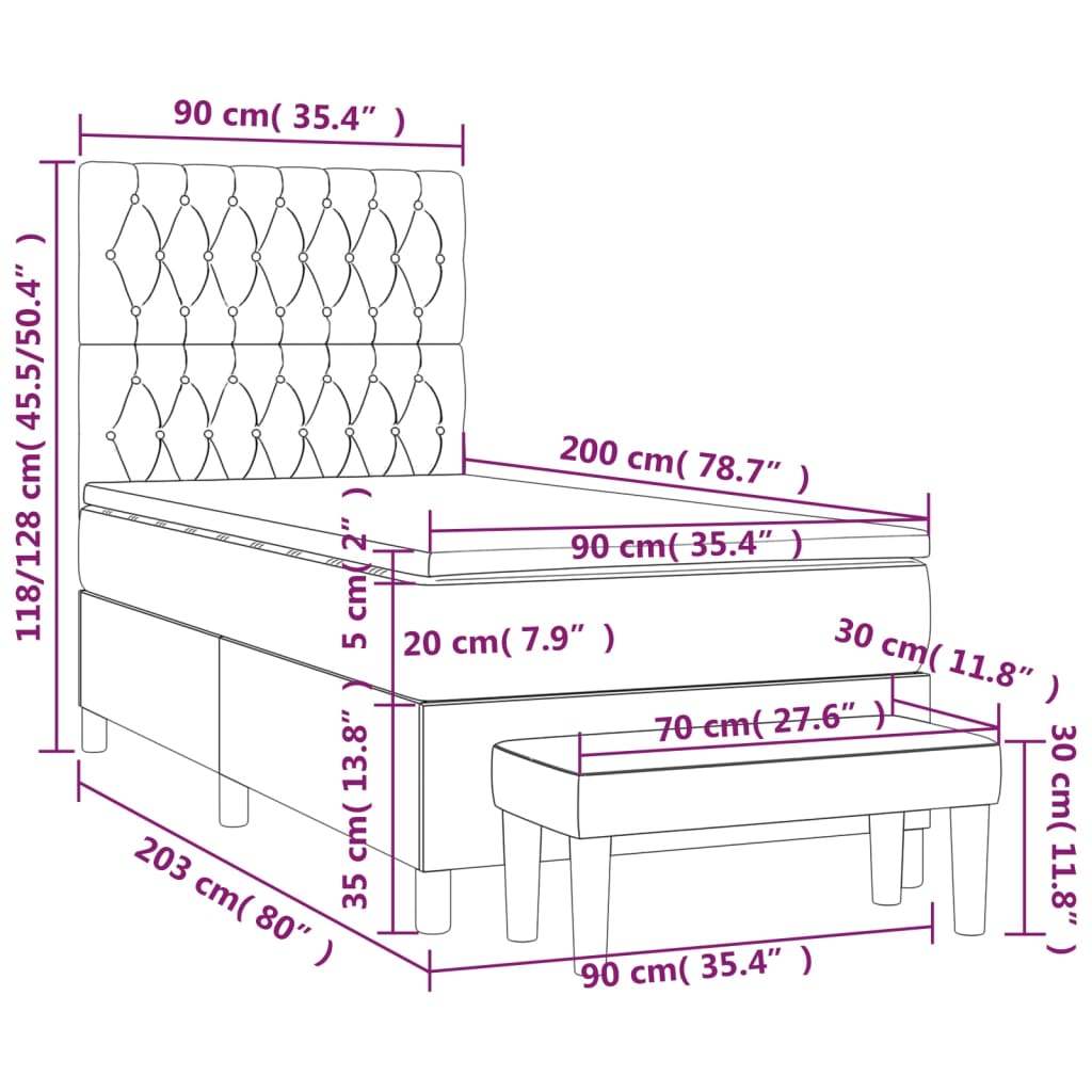 vidaXL Sommier à lattes de lit et matelas Gris clair 90x200 cm Velours